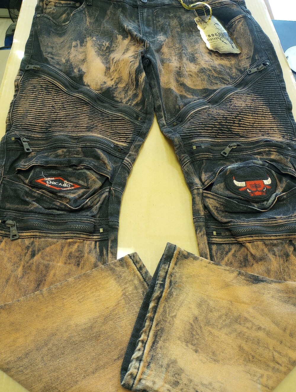 Rogue Vintage Chicago Bulls Men's Distressed  Black Bleached Moto Jeans 38x32